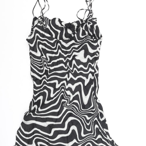 Zara Womens Black Geometric Polyester Slip Dress Size S Scoop Neck Tie