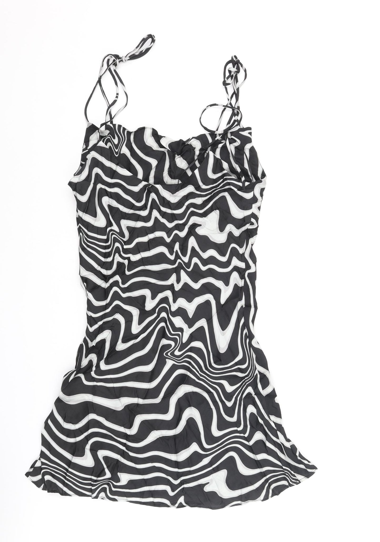 Zara Womens Black Geometric Polyester Slip Dress Size S Scoop Neck Tie