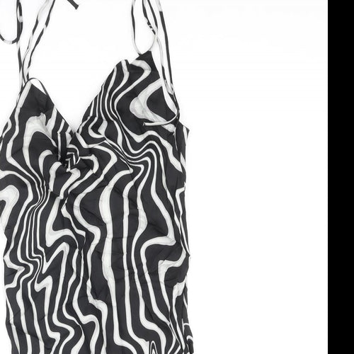Zara Womens Black Geometric Polyester Slip Dress Size S Scoop Neck Tie