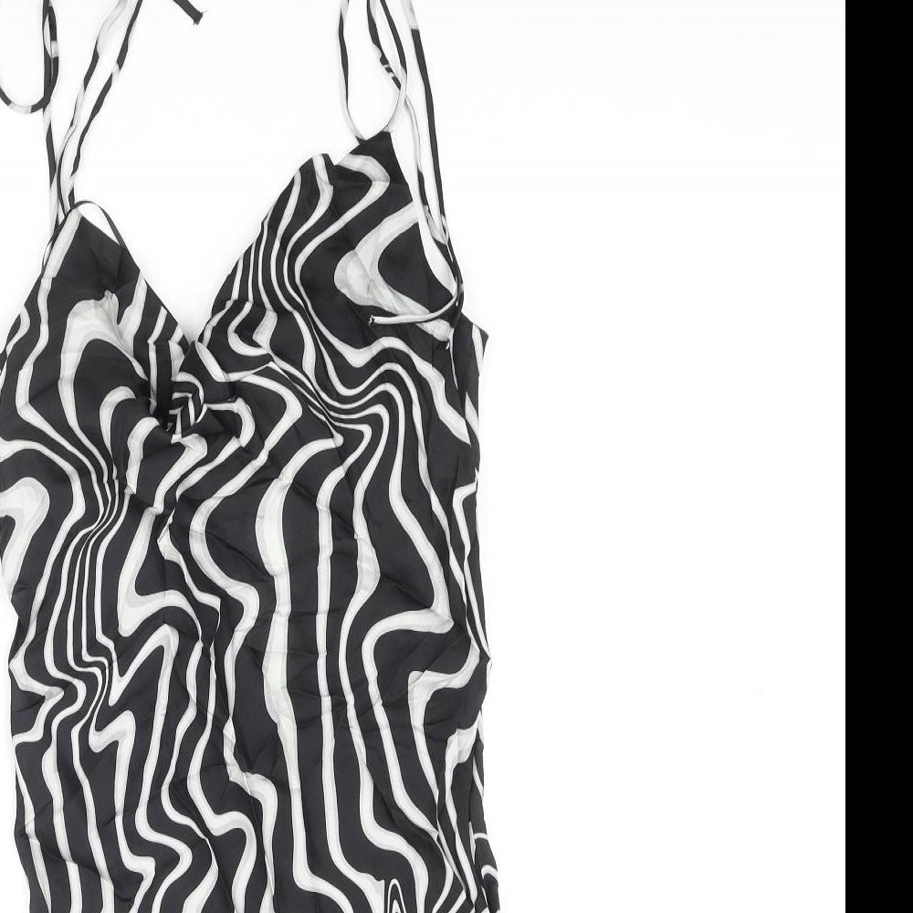 Zara Womens Black Geometric Polyester Slip Dress Size S Scoop Neck Tie