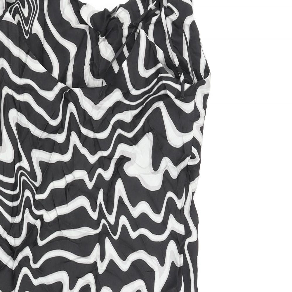 Zara Womens Black Geometric Polyester Slip Dress Size S Scoop Neck Tie