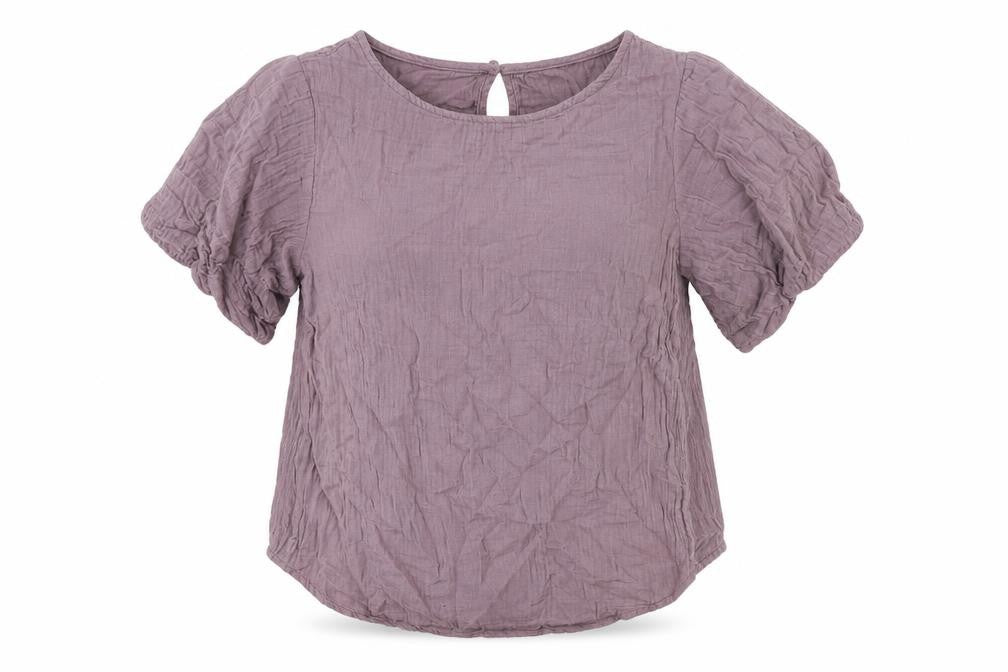 Front view of Denver Hayes women’s purple cotton basic blouse, size M, round neck