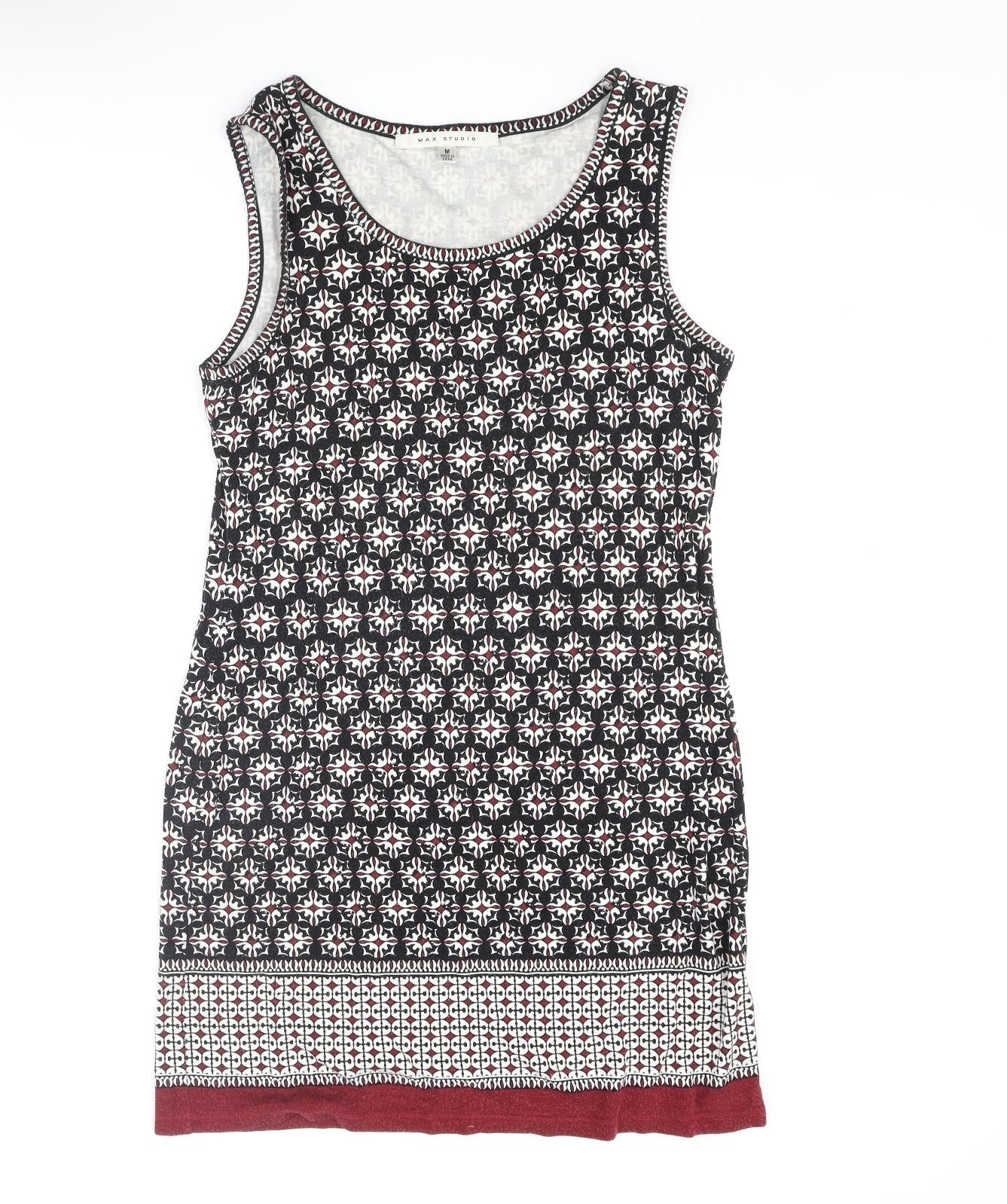 Max Studio Womens Black Geometric Viscose Tank Dress Size M Scoop Neck Pullover