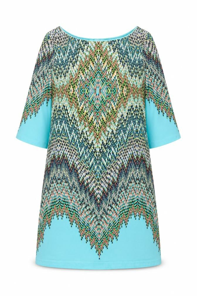 Front view of Cynthia Rowley women’s multicoloured geometric polyester shift, size UK 12, boat neck pullover