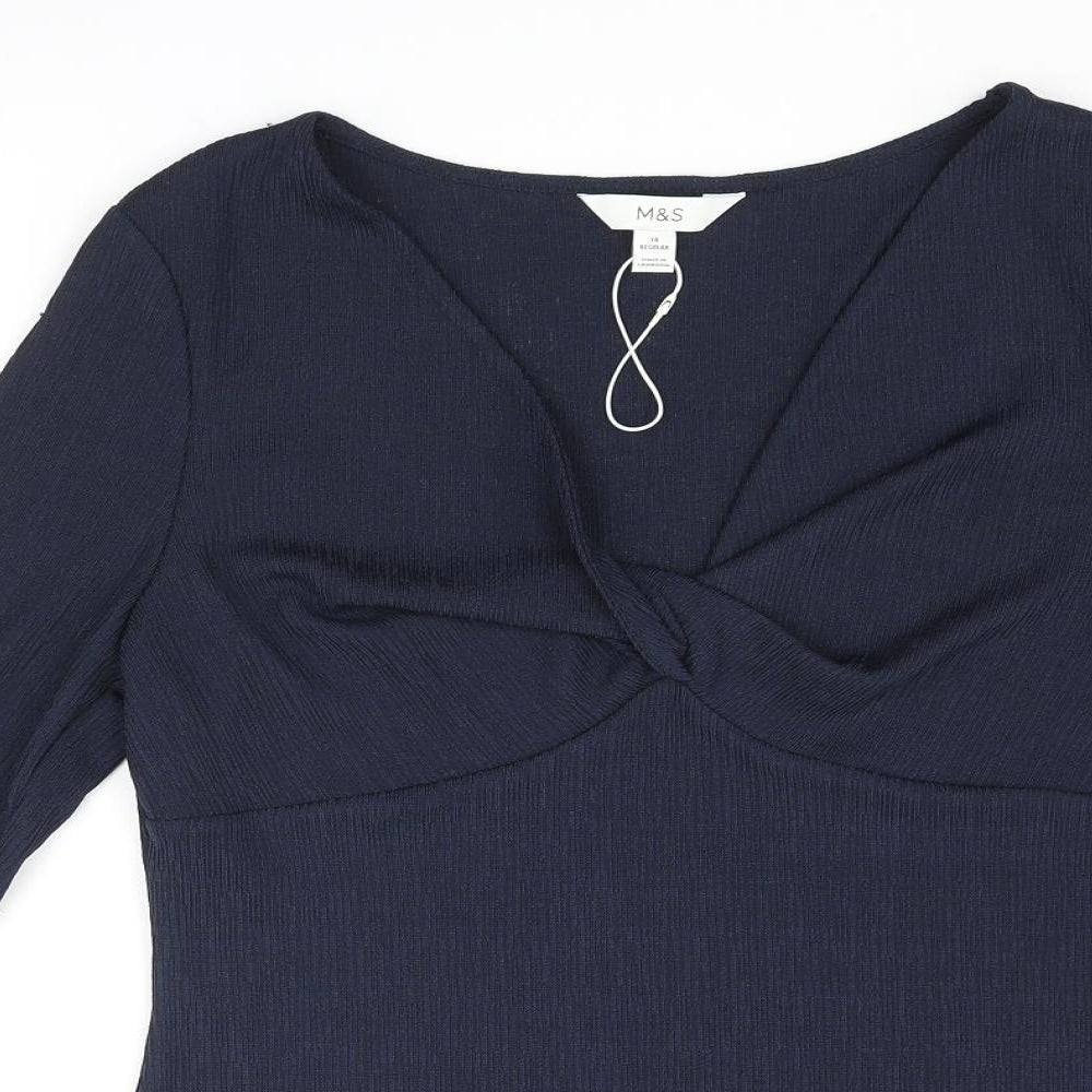 Marks and Spencer Womens Blue Polyester Basic Blouse Size 14 V-Neck - Knot