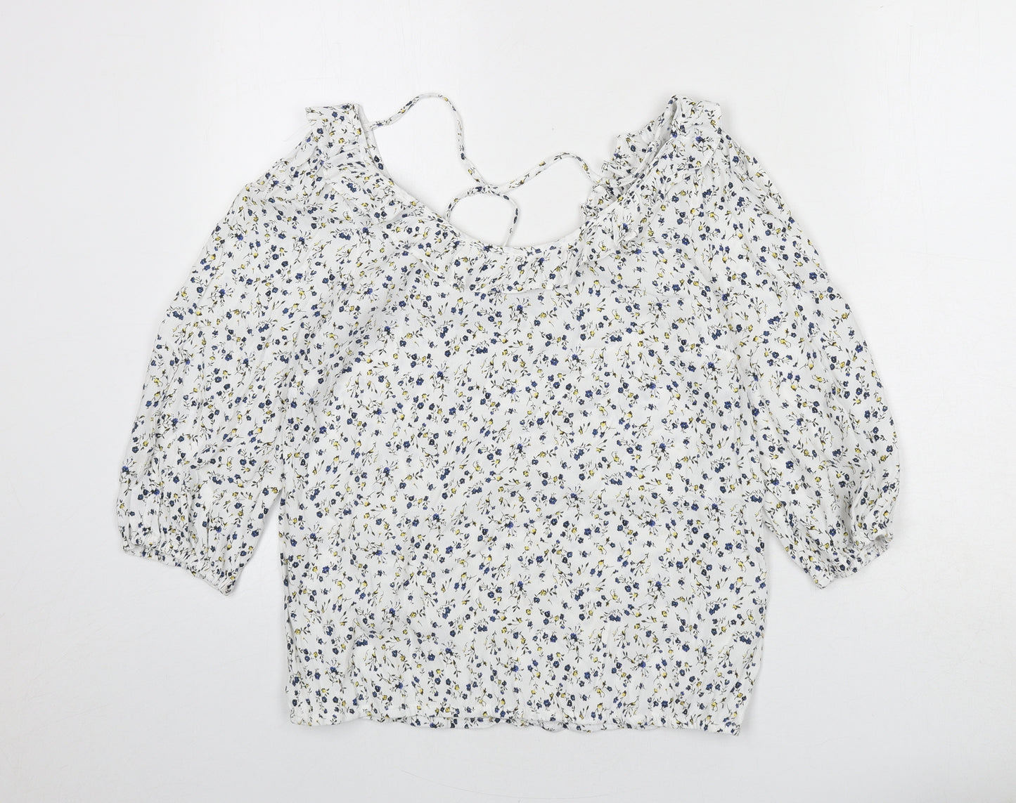 Oliver Bonas Womens White Floral Viscose Basic Blouse Size 8 Boat Neck - Ruffle Detail