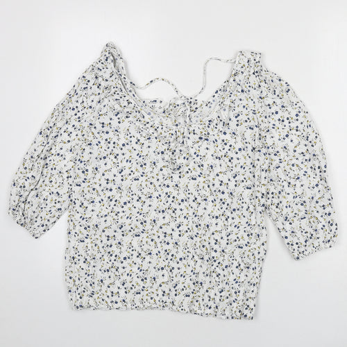 Oliver Bonas Womens White Floral Viscose Basic Blouse Size 8 Boat Neck - Ruffle Detail