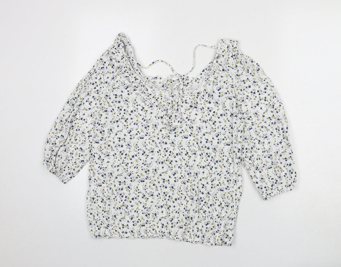 Oliver Bonas Womens White Floral Viscose Basic Blouse Size 8 Boat Neck - Ruffle Detail