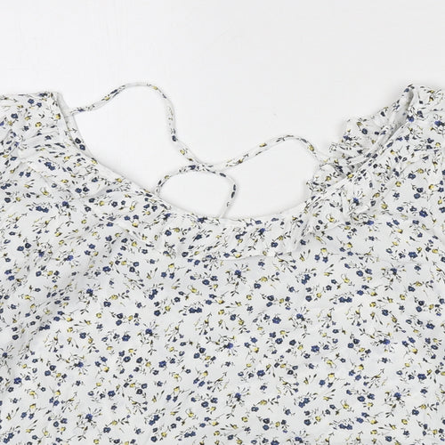 Oliver Bonas Womens White Floral Viscose Basic Blouse Size 8 Boat Neck - Ruffle Detail