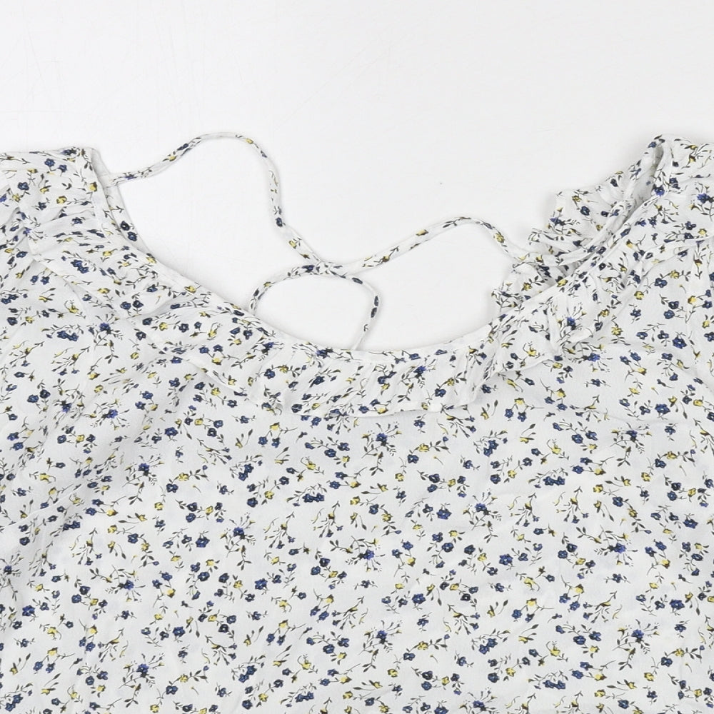 Oliver Bonas Womens White Floral Viscose Basic Blouse Size 8 Boat Neck - Ruffle Detail
