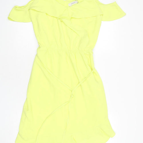 Oasis Womens Yellow Polyester A-Line Size 12 Scoop Neck Pullover - Asymmetric, Ruffles