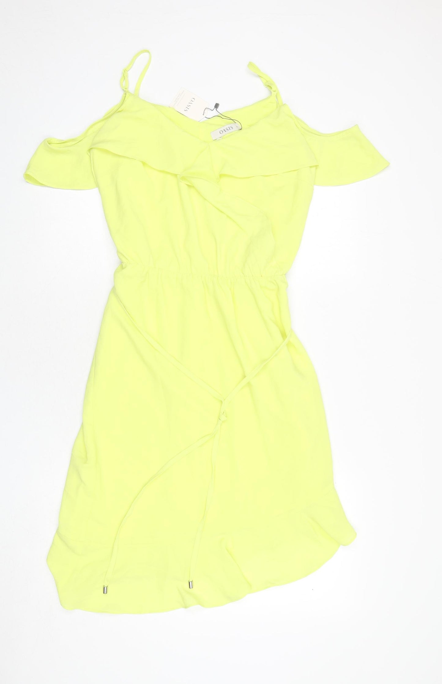 Oasis Womens Yellow Polyester A-Line Size 12 Scoop Neck Pullover - Asymmetric, Ruffles