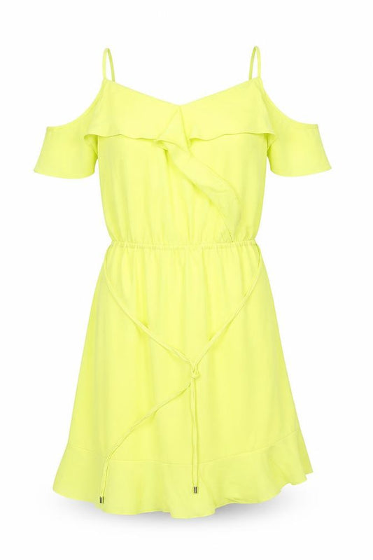 Front view of Oasis women’s yellow polyester a-line, size UK 12, scoop neck pullover - asymmetric, ruffles