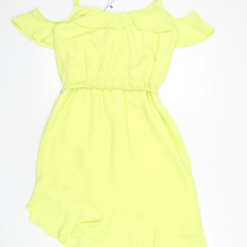 Oasis Womens Yellow Polyester A-Line Size 12 Scoop Neck Pullover - Asymmetric, Ruffles