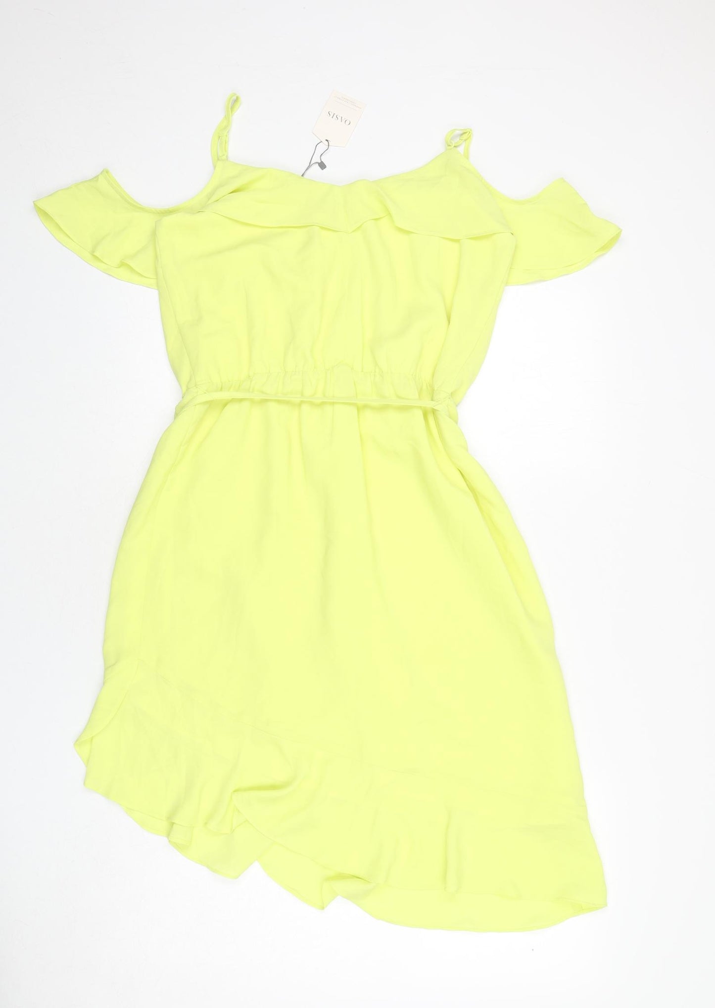 Oasis Womens Yellow Polyester A-Line Size 12 Scoop Neck Pullover - Asymmetric, Ruffles