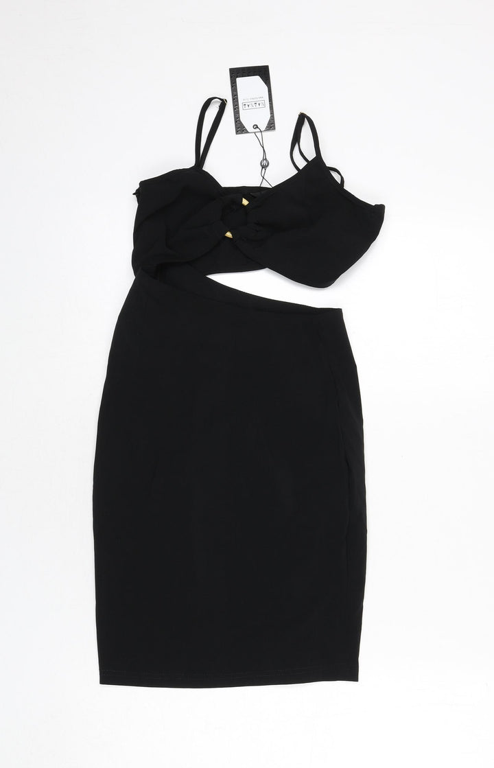 NaaNaa Womens Black Polyester Bodycon Size 8 V-Neck Zip - Cut Out Detail