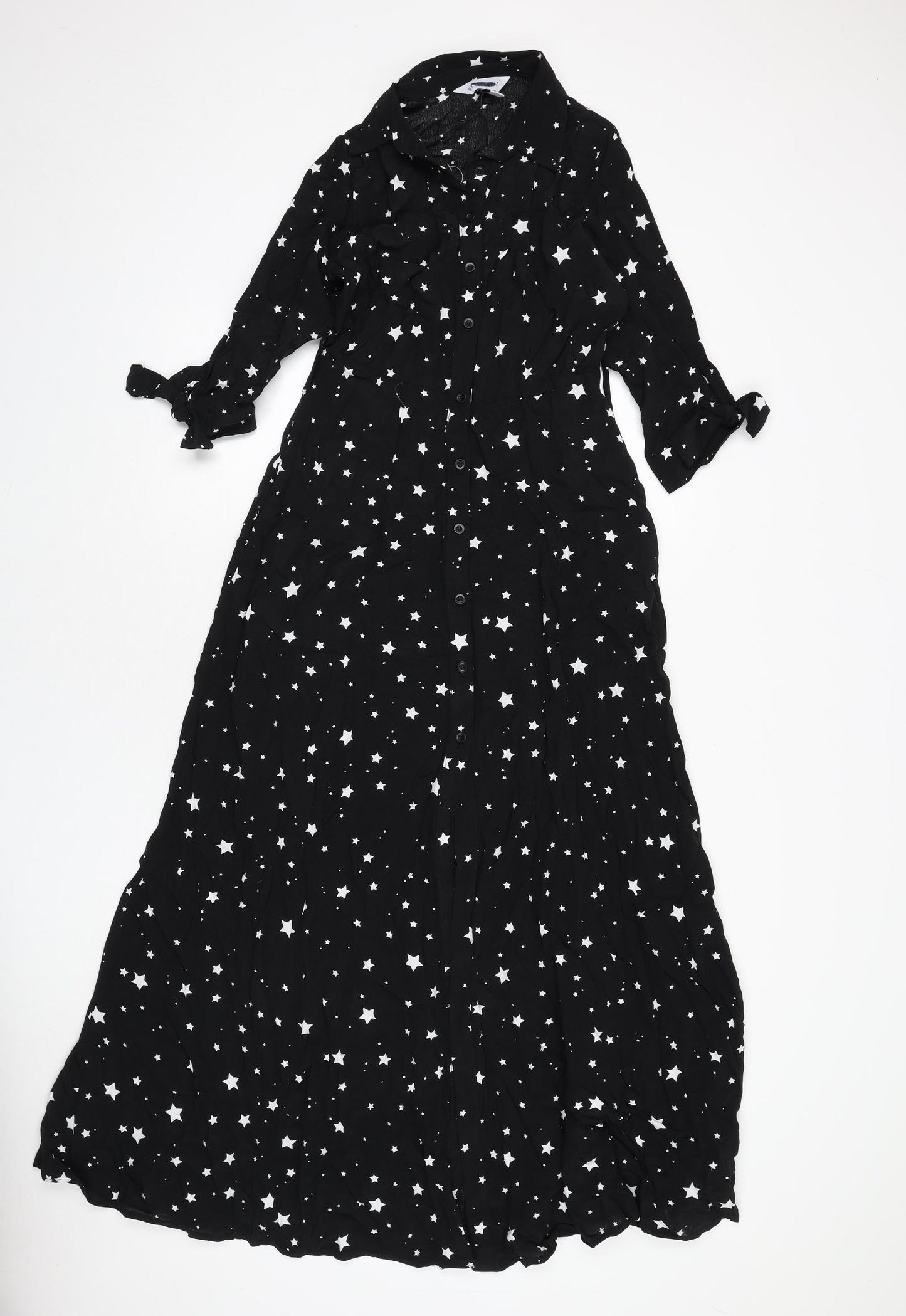 Style Cheat Womens Black Geometric Viscose Maxi Size 8 Collared Button - Star Print