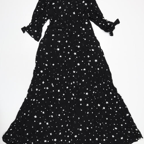 Style Cheat Womens Black Geometric Viscose Maxi Size 8 Collared Button - Star Print
