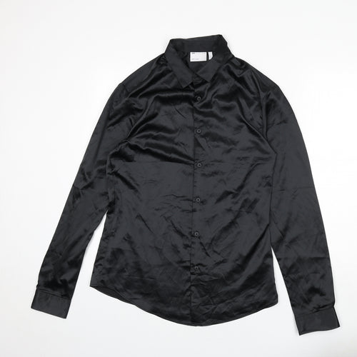 ASOS Mens Black Polyester Button-Up Size L Collared Button