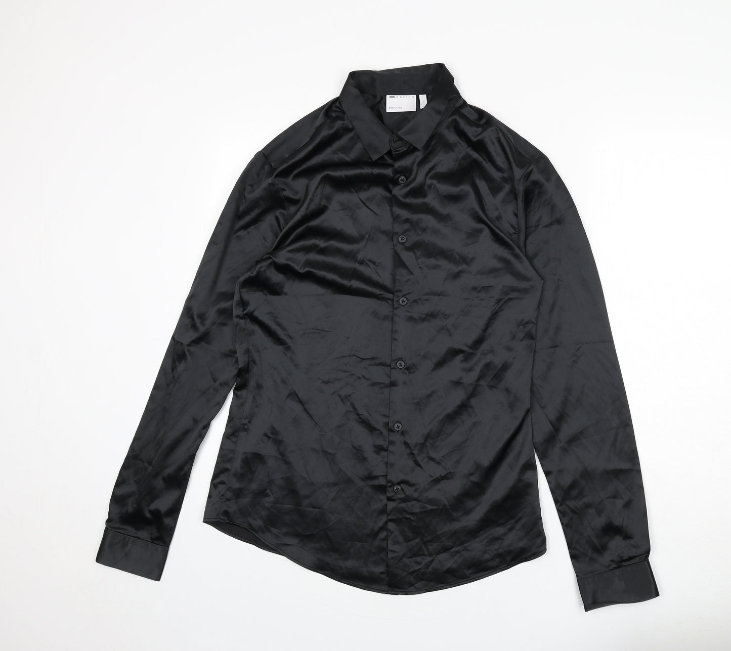 ASOS Mens Black Polyester Button-Up Size L Collared Button