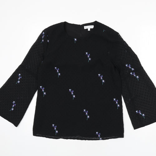 Warehouse Womens Black Polka Dot Polyester Basic Blouse Size 6 Round Neck - Floral Embroidery
