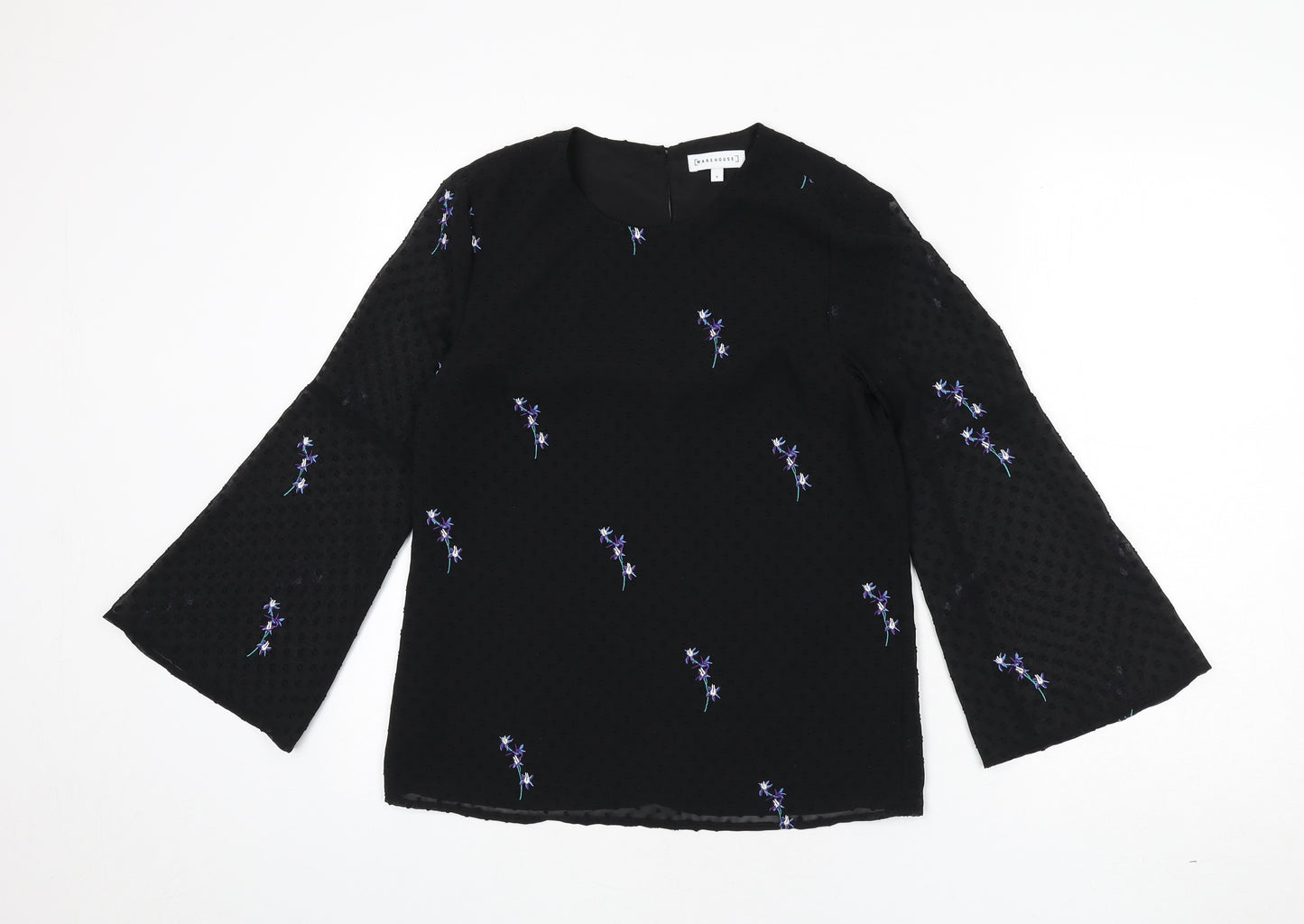 Warehouse Womens Black Polka Dot Polyester Basic Blouse Size 6 Round Neck - Floral Embroidery