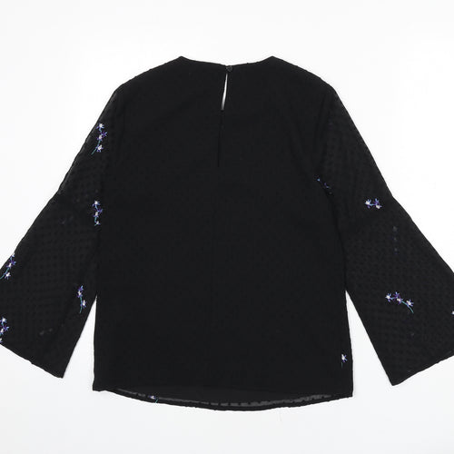 Warehouse Womens Black Polka Dot Polyester Basic Blouse Size 6 Round Neck - Floral Embroidery
