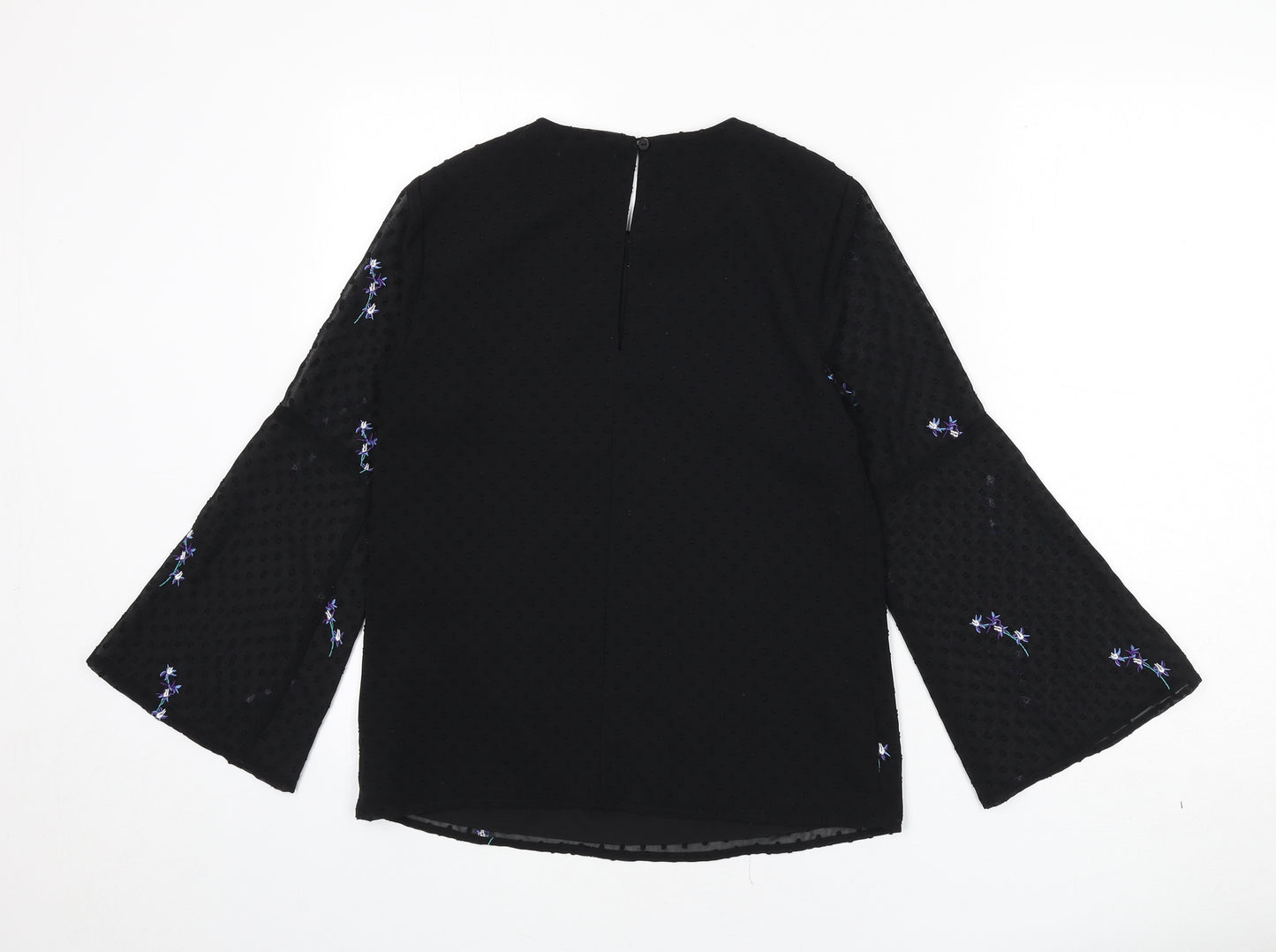 Warehouse Womens Black Polka Dot Polyester Basic Blouse Size 6 Round Neck - Floral Embroidery