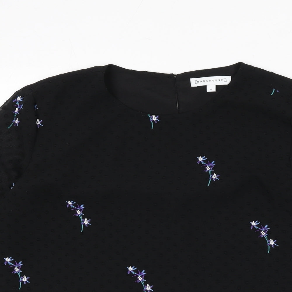 Warehouse Womens Black Polka Dot Polyester Basic Blouse Size 6 Round Neck - Floral Embroidery