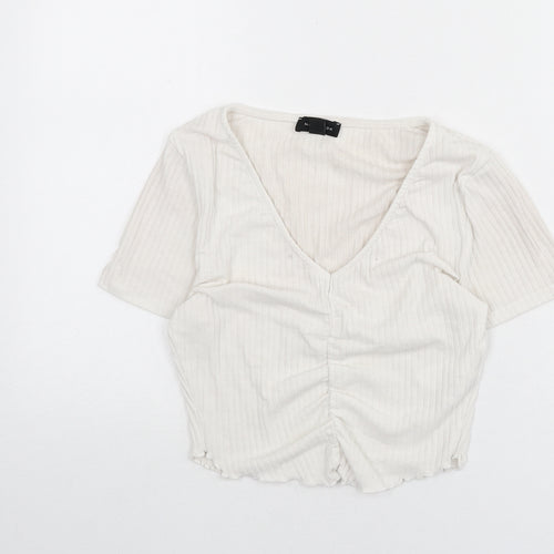 New Look Womens Ivory Polyester Cropped T-Shirt Size 12 V-Neck - Ribbed
