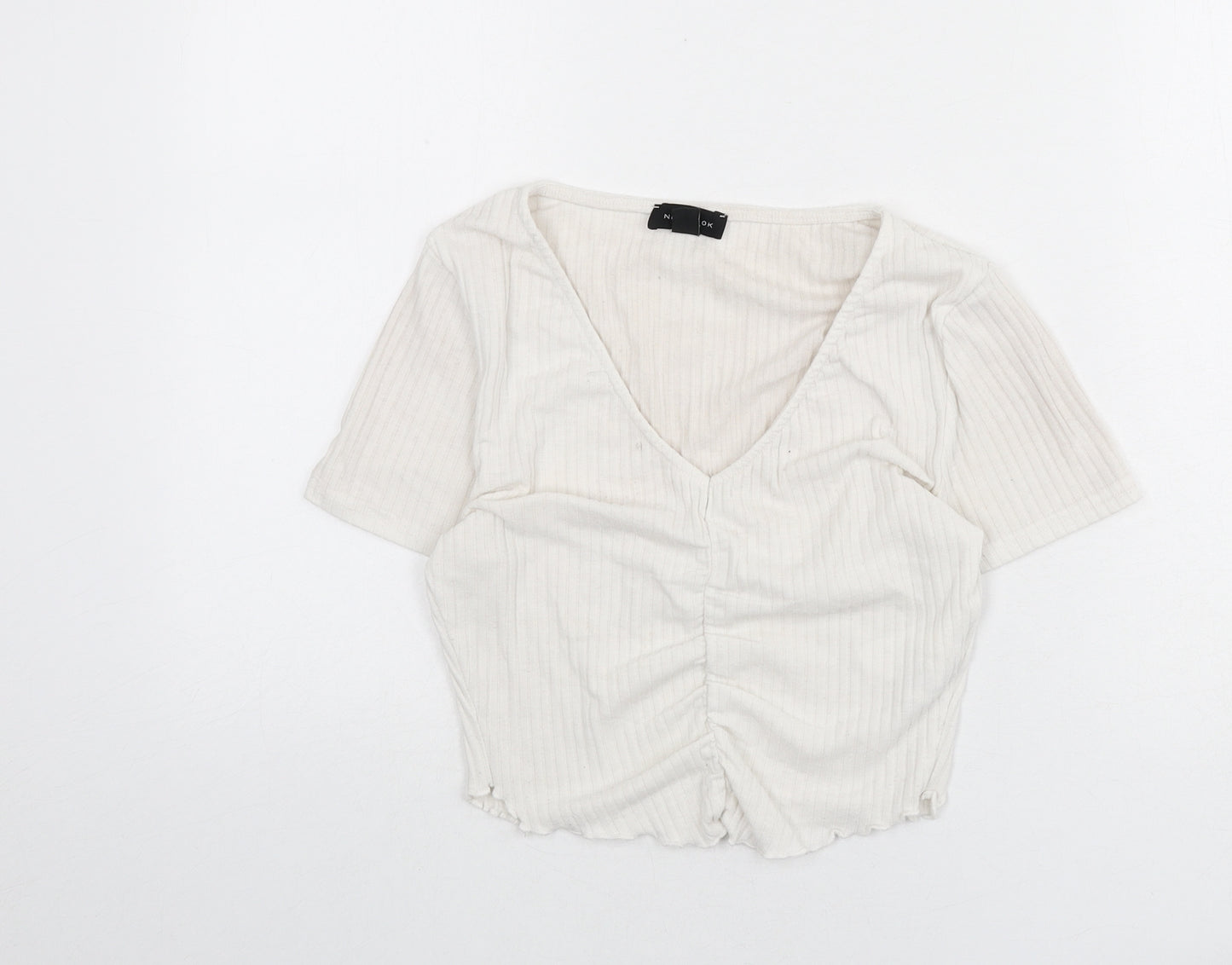 New Look Womens Ivory Polyester Cropped T-Shirt Size 12 V-Neck - Ribbed