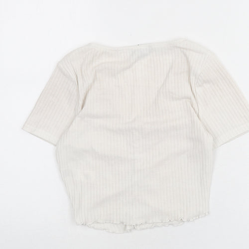 New Look Womens Ivory Polyester Cropped T-Shirt Size 12 V-Neck - Ribbed