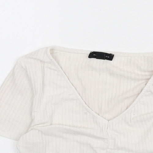 New Look Womens Ivory Polyester Cropped T-Shirt Size 12 V-Neck - Ribbed