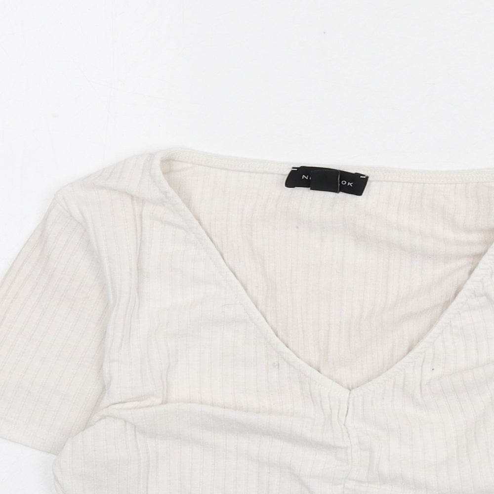 New Look Womens Ivory Polyester Cropped T-Shirt Size 12 V-Neck - Ribbed