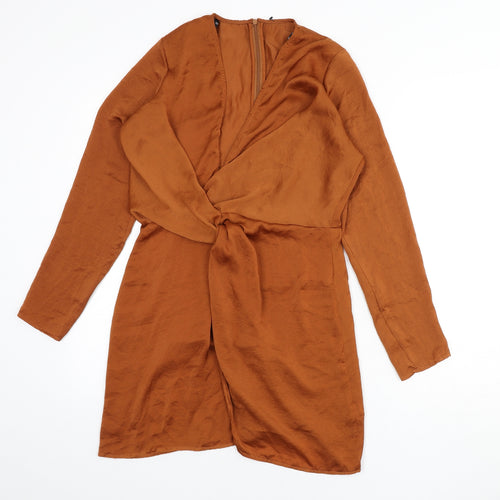 Missguided Womens Orange Polyester Sheath Size 10 V-Neck Zip - Knot Front