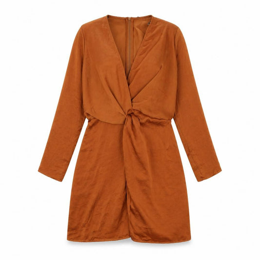 Front view of Missguided women’s orange polyester sheath, size UK 10, v-neck zip - knot front