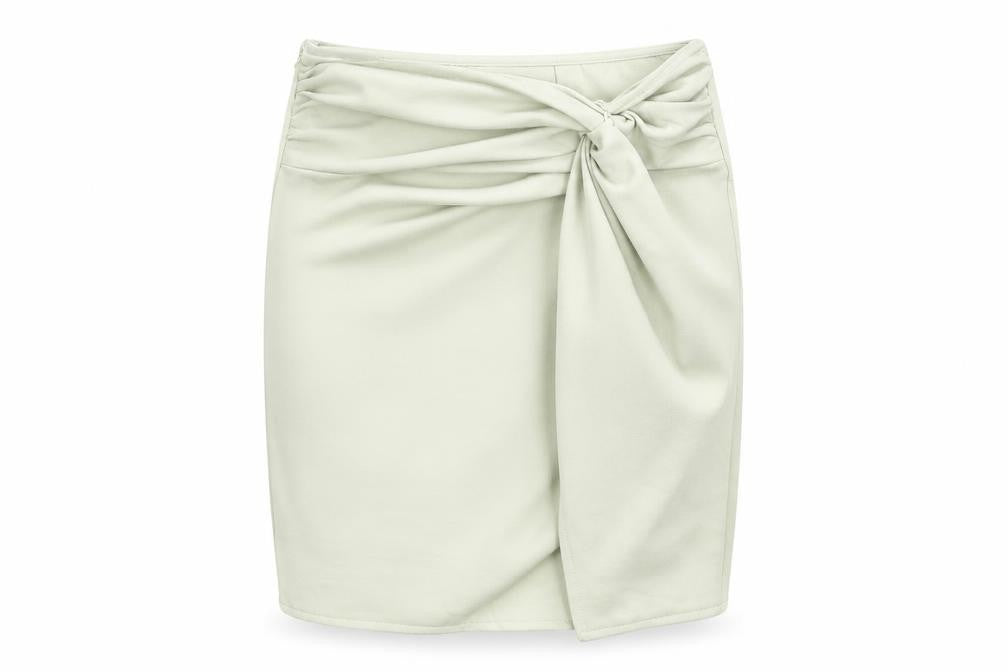 Front view of PRETTYLITTLETHING women’s green polyester bandage skirt, size UK 4, zip - knot front