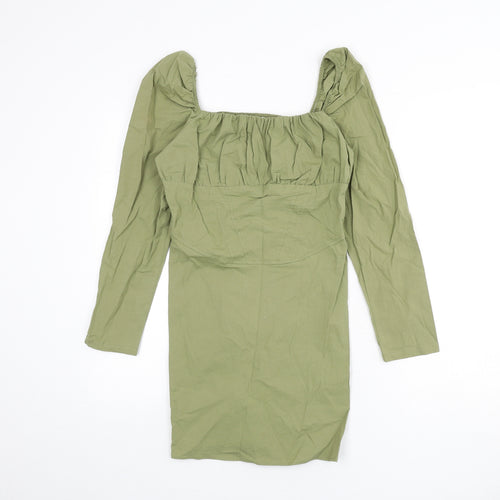 Bershka Womens Green Cotton Bodycon Size M Square Neck Zip - Shirred Back