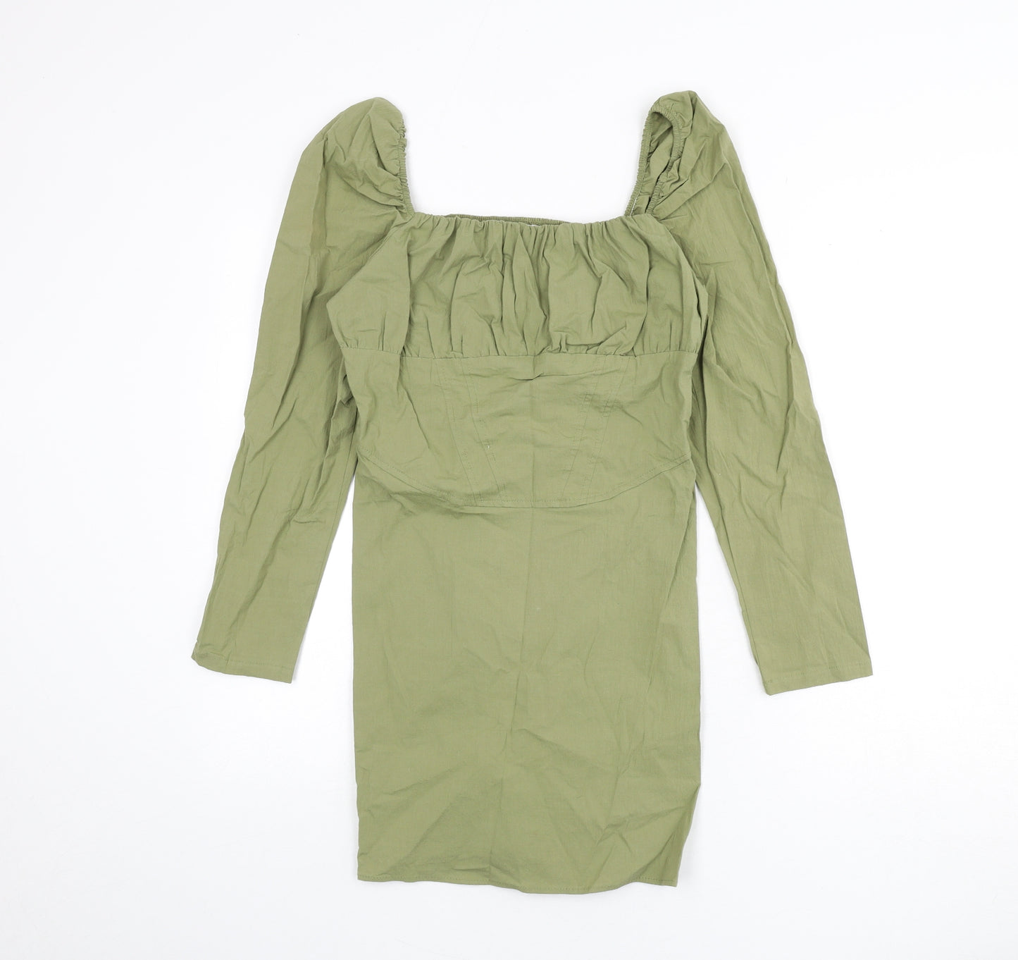 Bershka Womens Green Cotton Bodycon Size M Square Neck Zip - Shirred Back