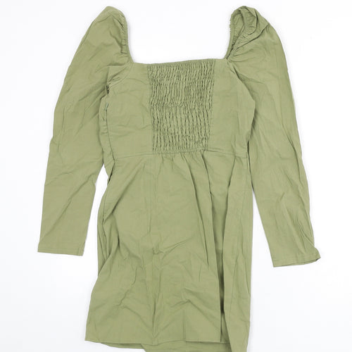 Bershka Womens Green Cotton Bodycon Size M Square Neck Zip - Shirred Back