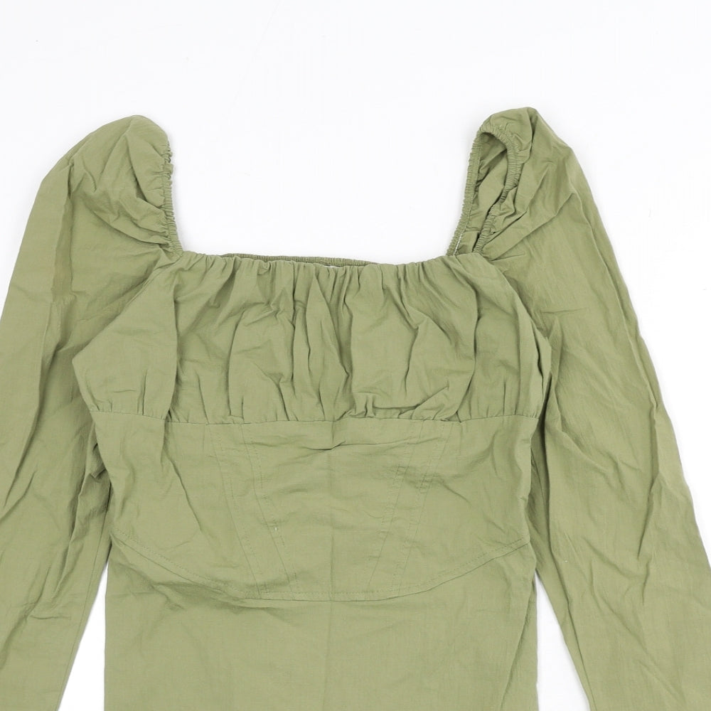 Bershka Womens Green Cotton Bodycon Size M Square Neck Zip - Shirred Back