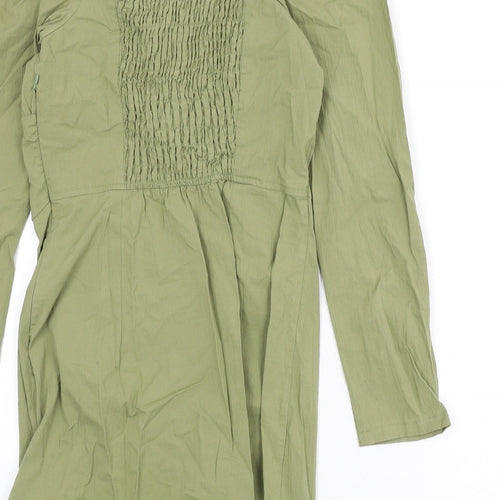 Bershka Womens Green Cotton Bodycon Size M Square Neck Zip - Shirred Back