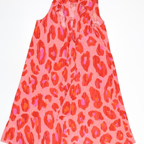 NEXT Womens Red Animal Print Polyester A-Line Size 14 Mock Neck Tie - Leopard Print