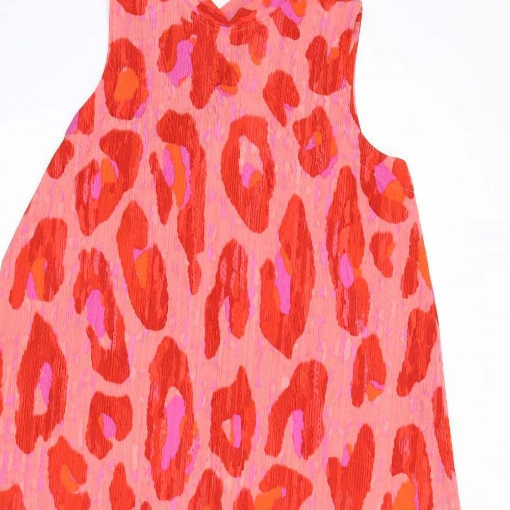 NEXT Womens Red Animal Print Polyester A-Line Size 14 Mock Neck Tie - Leopard Print