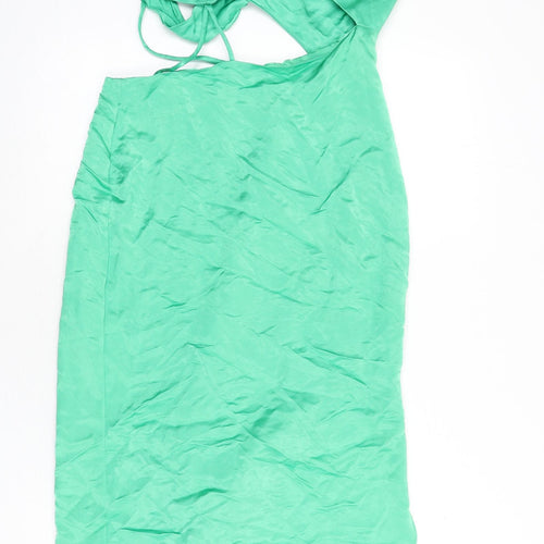 Zara Womens Green Viscose Slip Dress Size M V-Neck Zip - Cut Out Detail