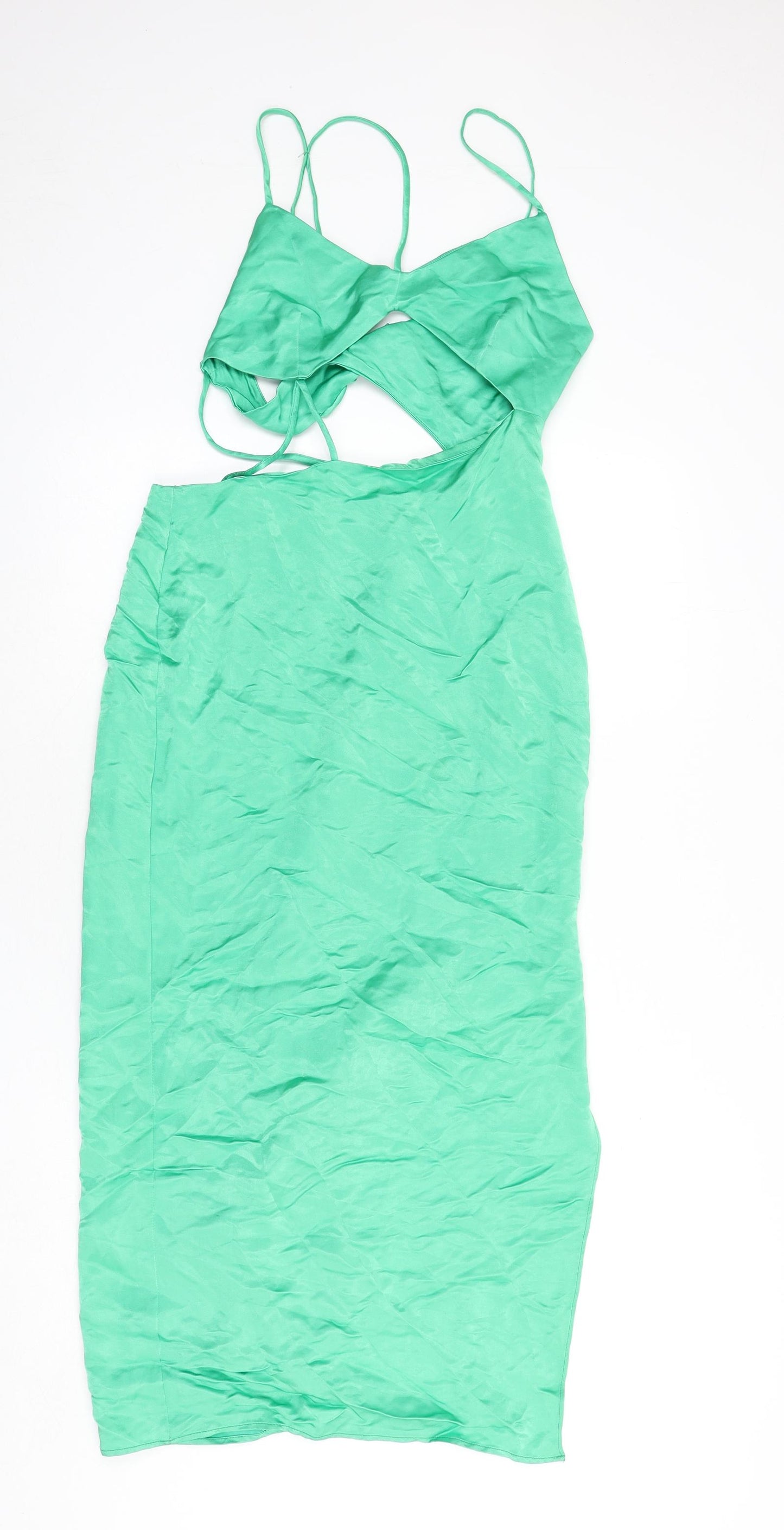 Zara Womens Green Viscose Slip Dress Size M V-Neck Zip - Cut Out Detail
