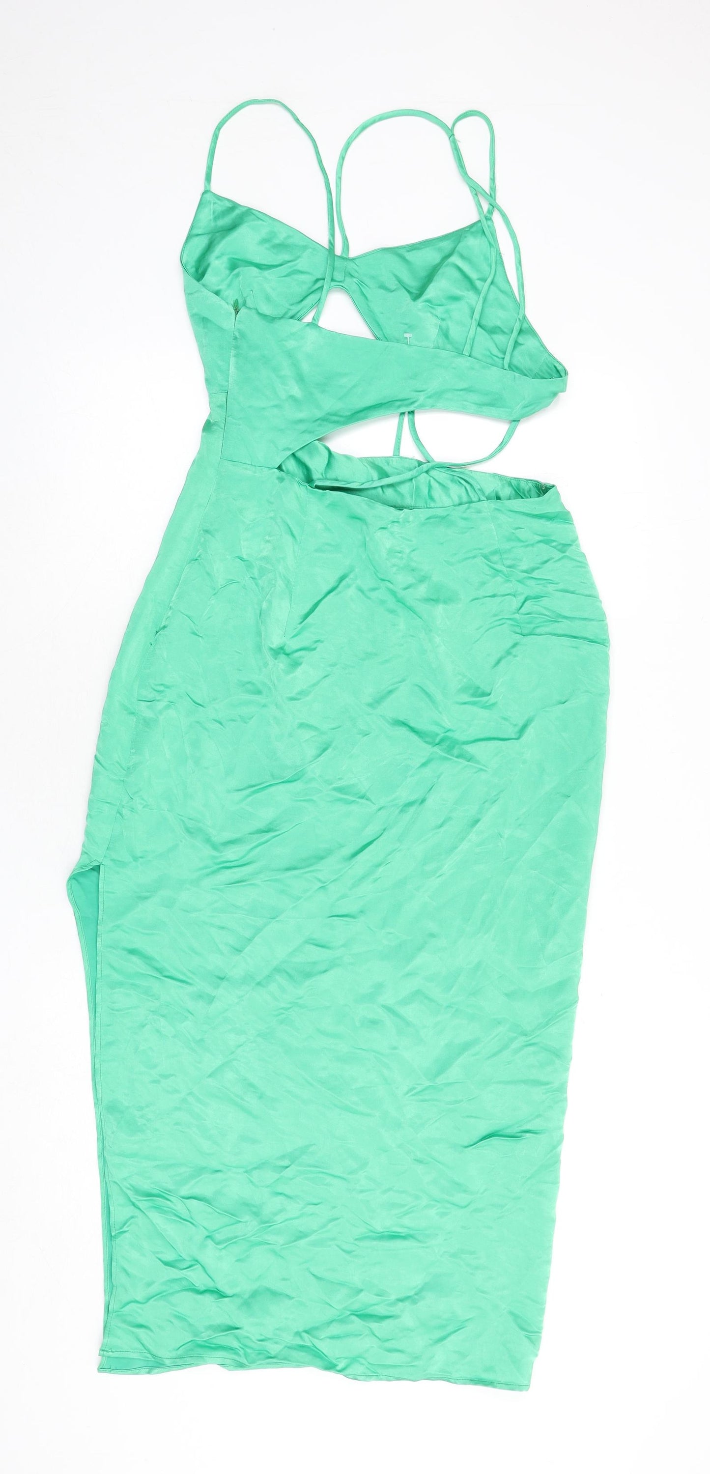 Zara Womens Green Viscose Slip Dress Size M V-Neck Zip - Cut Out Detail