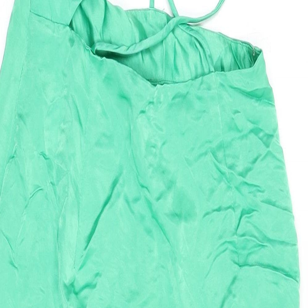 Zara Womens Green Viscose Slip Dress Size M V-Neck Zip - Cut Out Detail