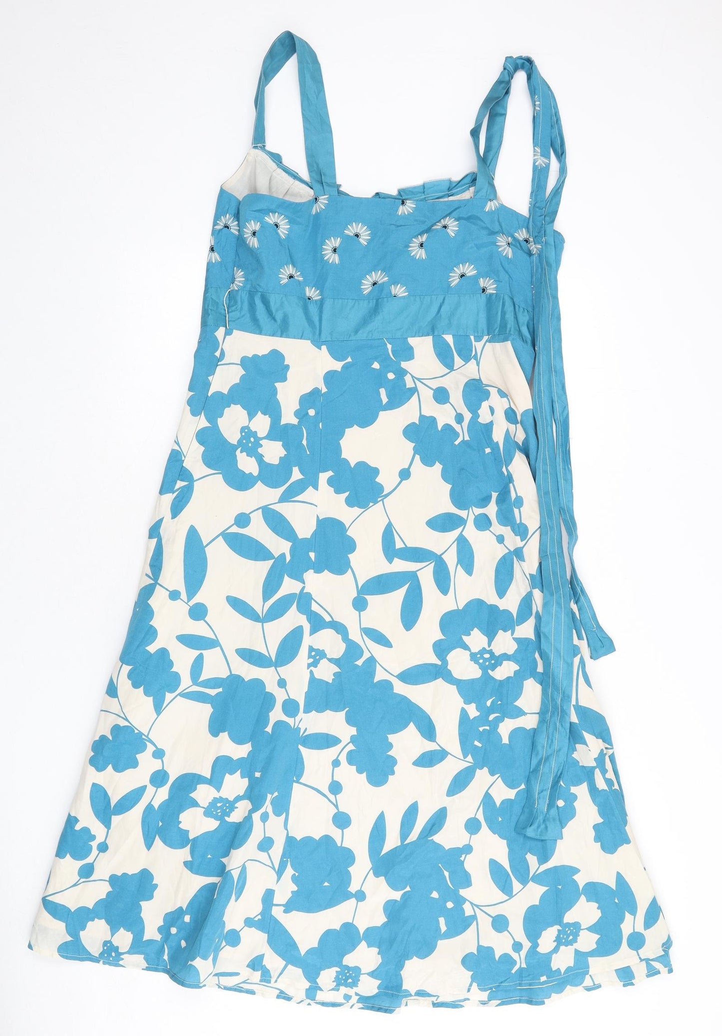 Monsoon Womens Blue Floral Silk A-Line Size 14 Scoop Neck Zip - Strap Detail