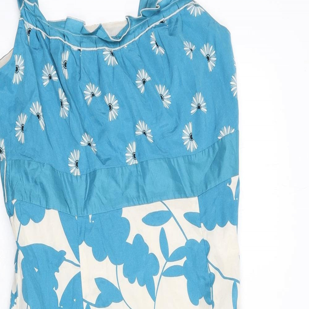 Monsoon Womens Blue Floral Silk A-Line Size 14 Scoop Neck Zip - Strap Detail